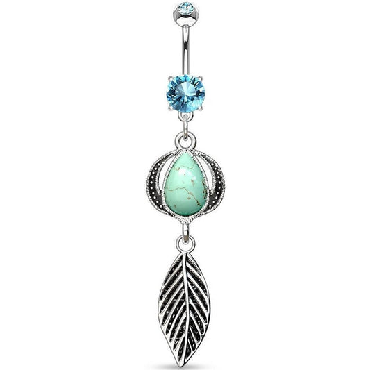 Piercing ombligo Pluma Piedra semipreciosa turquesa colgante Circonita Plata