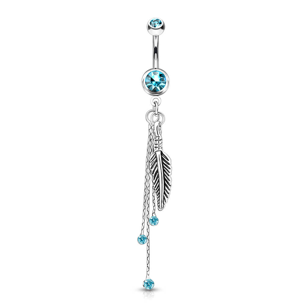 Belly Button Piercing Feather dangle Zirconia Silver