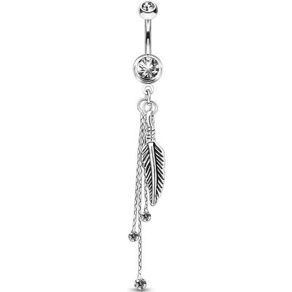 Belly Button Piercing Feather dangle Zirconia Silver