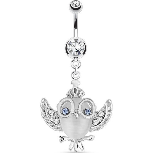 Piercing Nombril Pendentif Hibou En Verre Zircone Argent