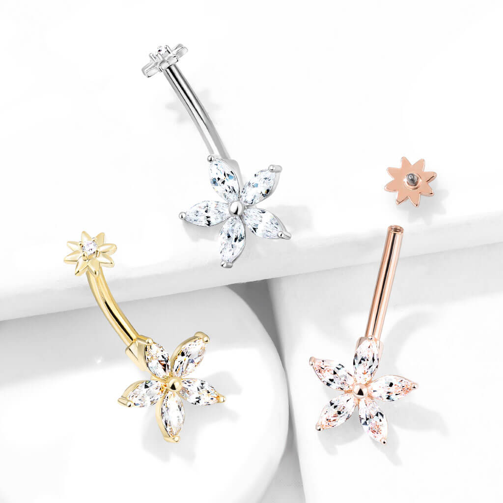 Belly Button Piercing Flower Zirconia Internally Threaded