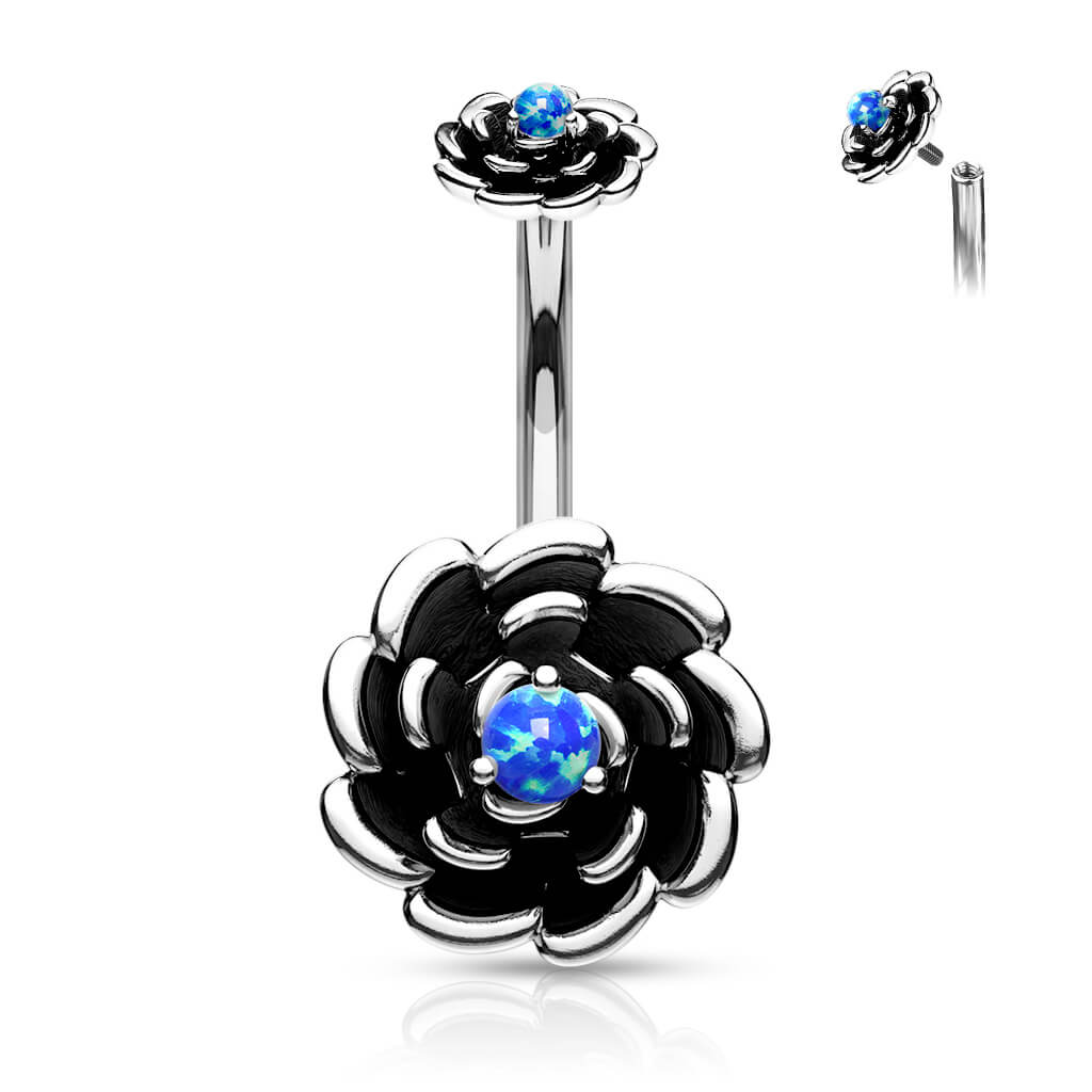 Piercing Nombril Fleur Opale Noir Filetage Interne