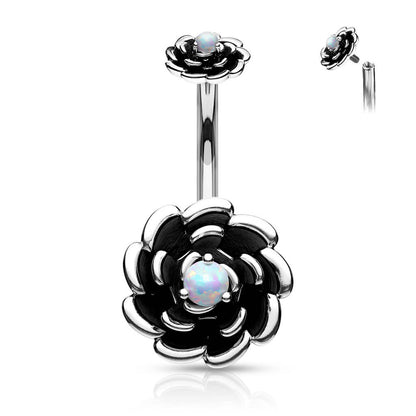 Piercing Nombril Fleur Opale Noir Filetage Interne