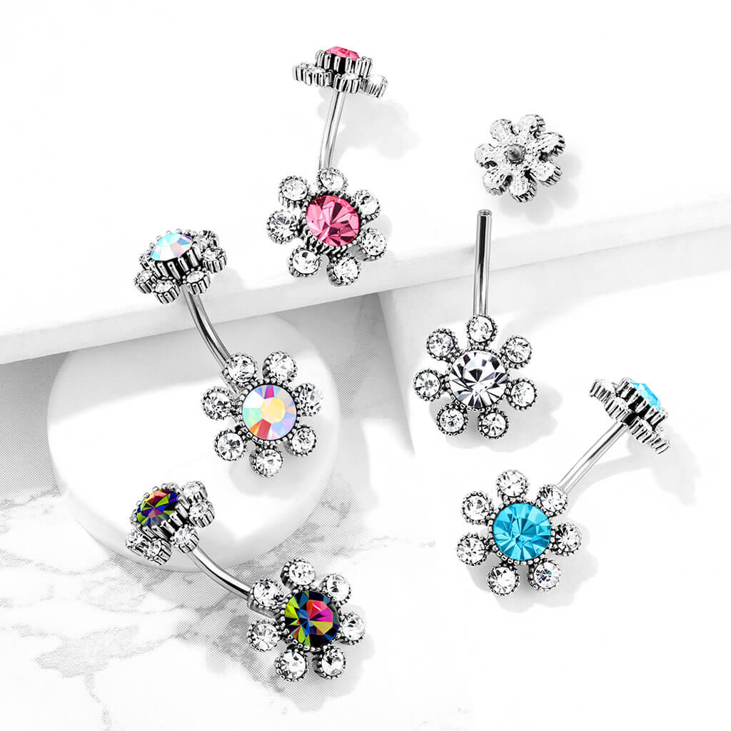 Piercing ombligo Circonita Flor Plata Rosca interna