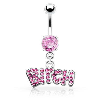 Piercing Ombelico Pendente scritta BITCH zirconi e argento