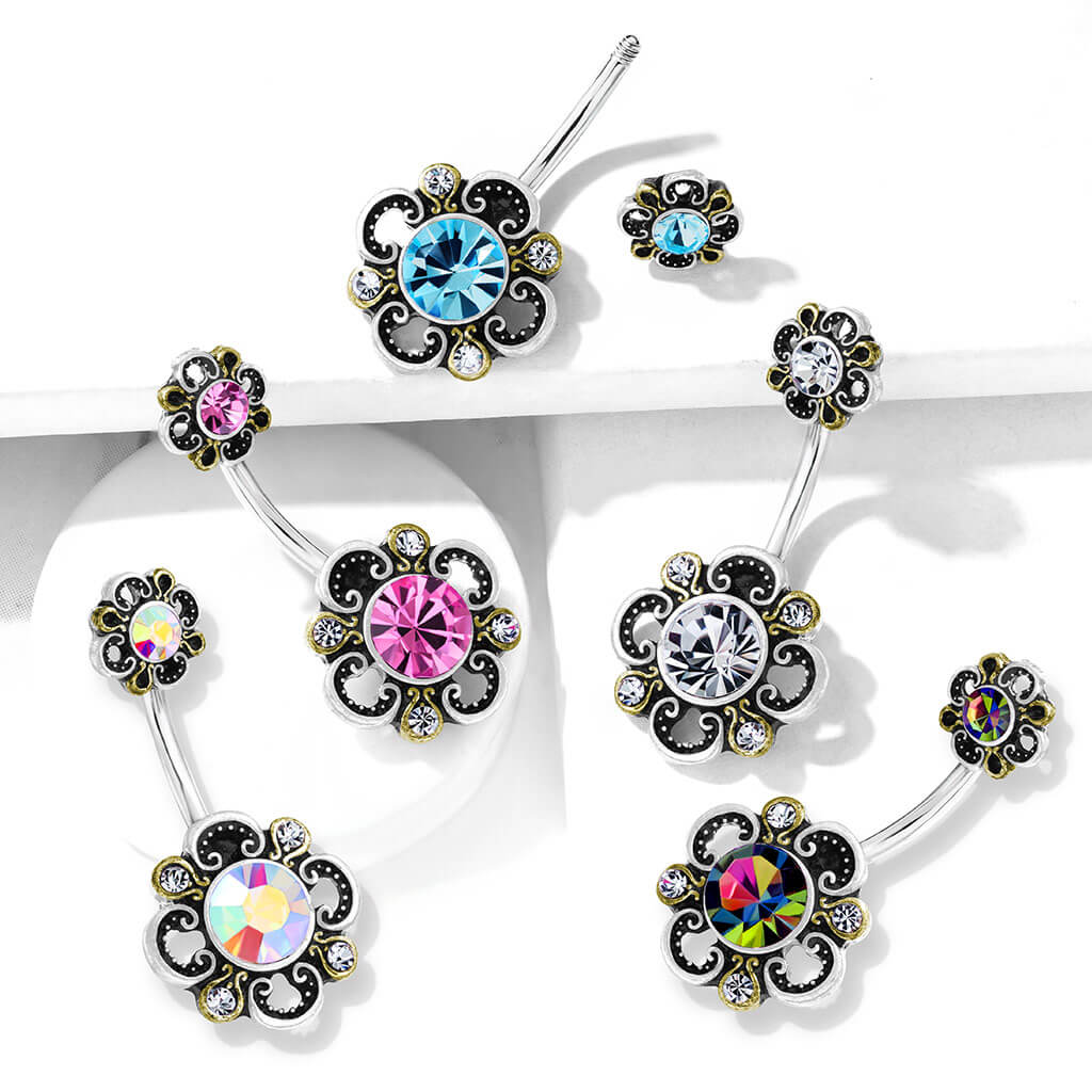 Belly Button Piercing Flower Zirconia Silver