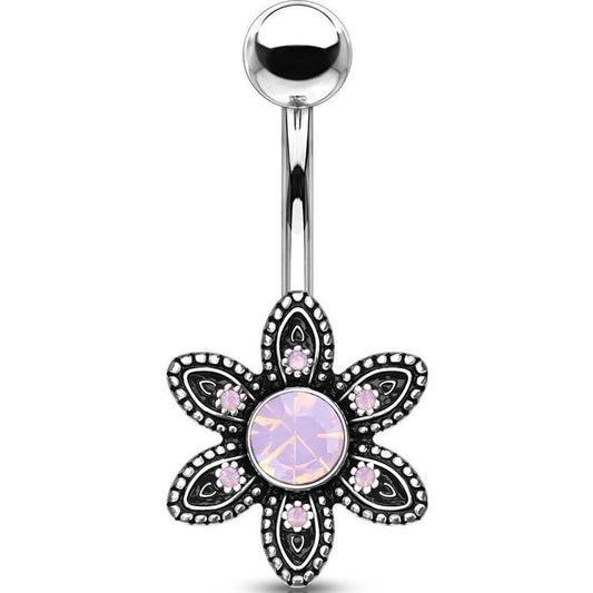 Belly Button Piercing Flower Opal Silver