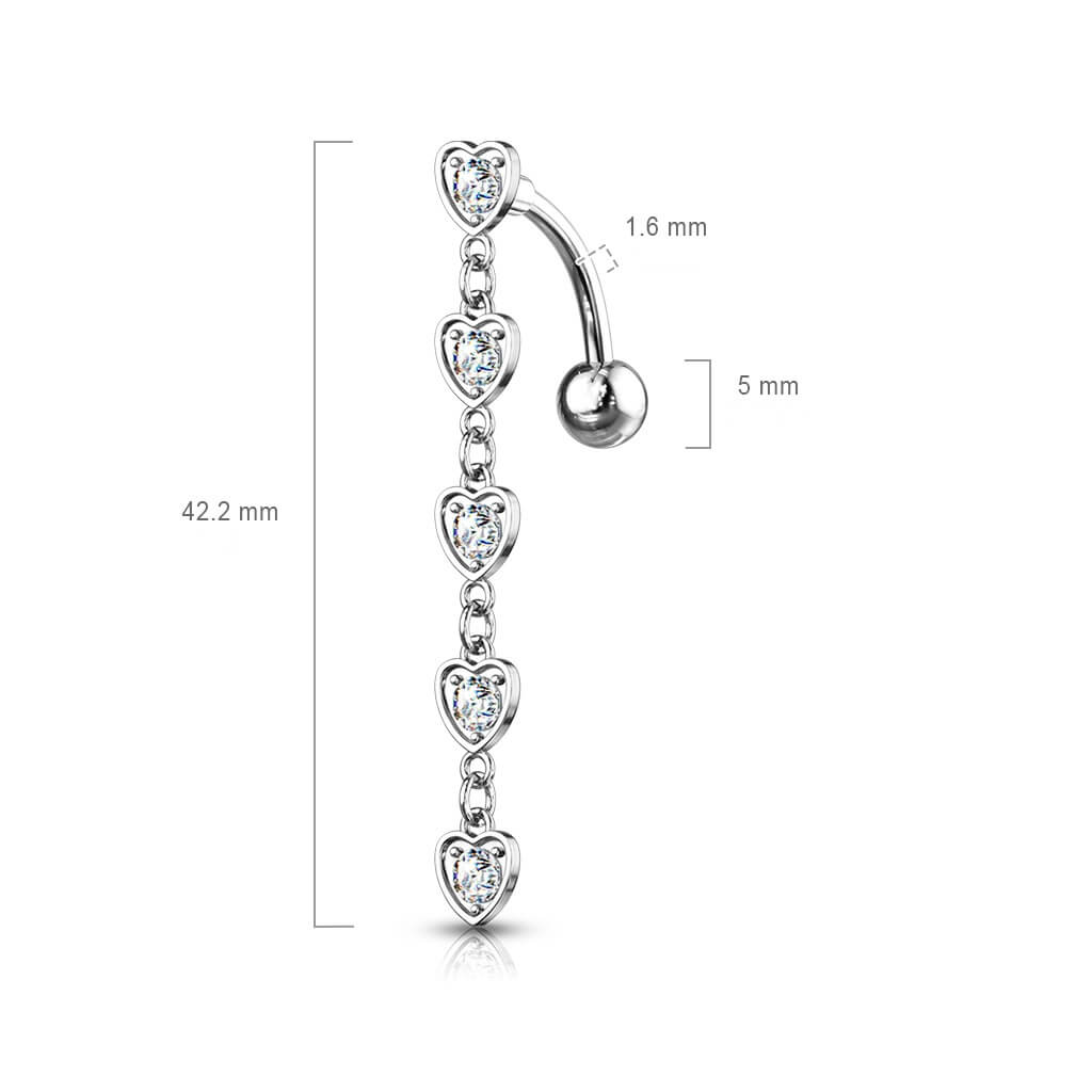 Piercing Ombelico Pendente di cuori zirconi e argento