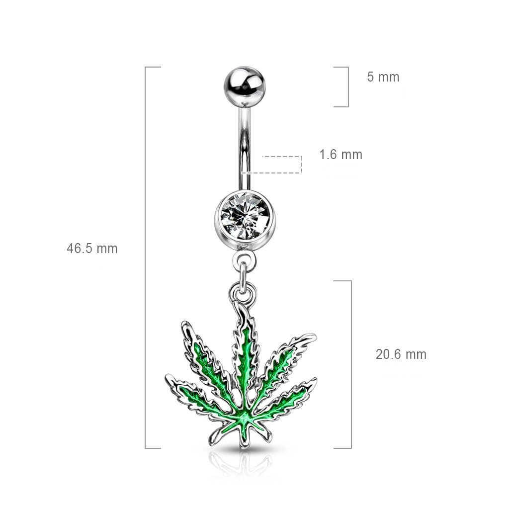 Piercing Nombril Pendentif Feuille De Chanvre Zircone Argent