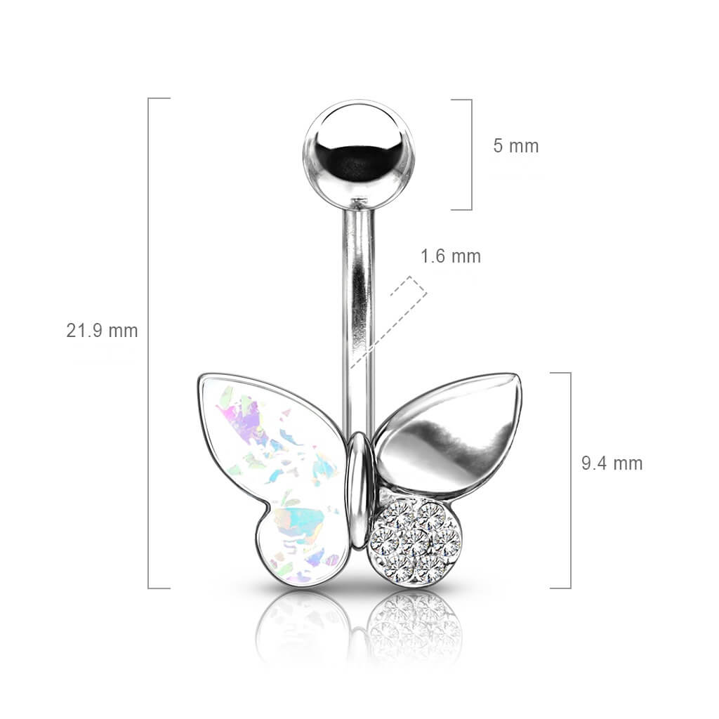 Belly Button Piercing Butterfly Zirconia Opal Silver