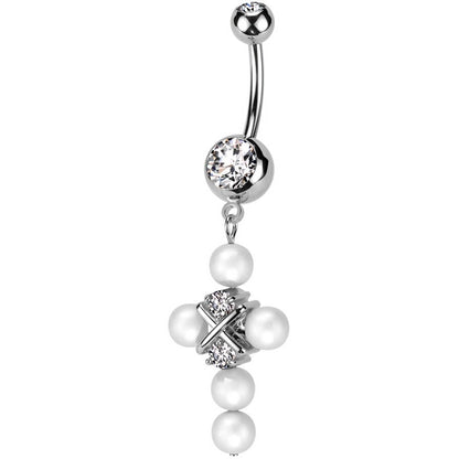 Piercing Ombelico Zirconi e Croce pendente di Perle