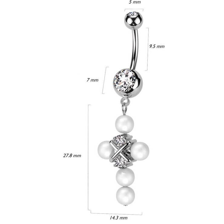 Piercing Ombelico Zirconi e Croce pendente di Perle