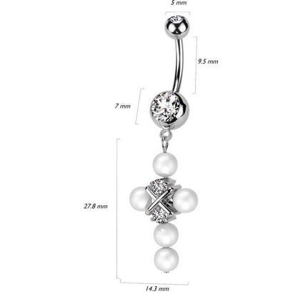 Piercing Ombelico Zirconi e Croce pendente di Perle