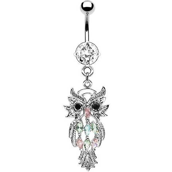 Piercing Nombril Pendentif Hibou Zircone Argent