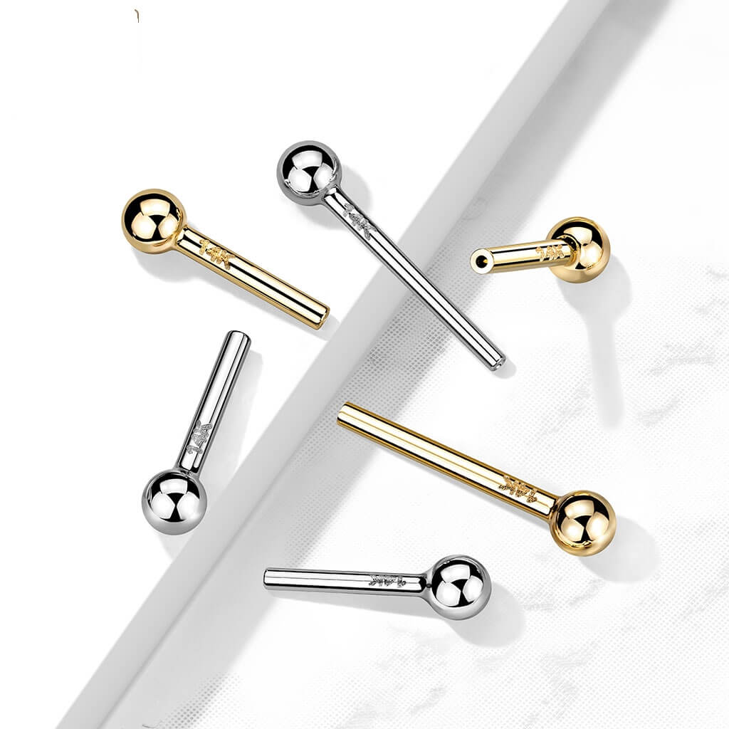 Solid Gold 14 Carat barbell pin with one fixed ball Push-In