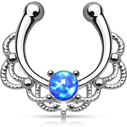 Fake Nose Piercing Septum Opal Round Silver Bendable