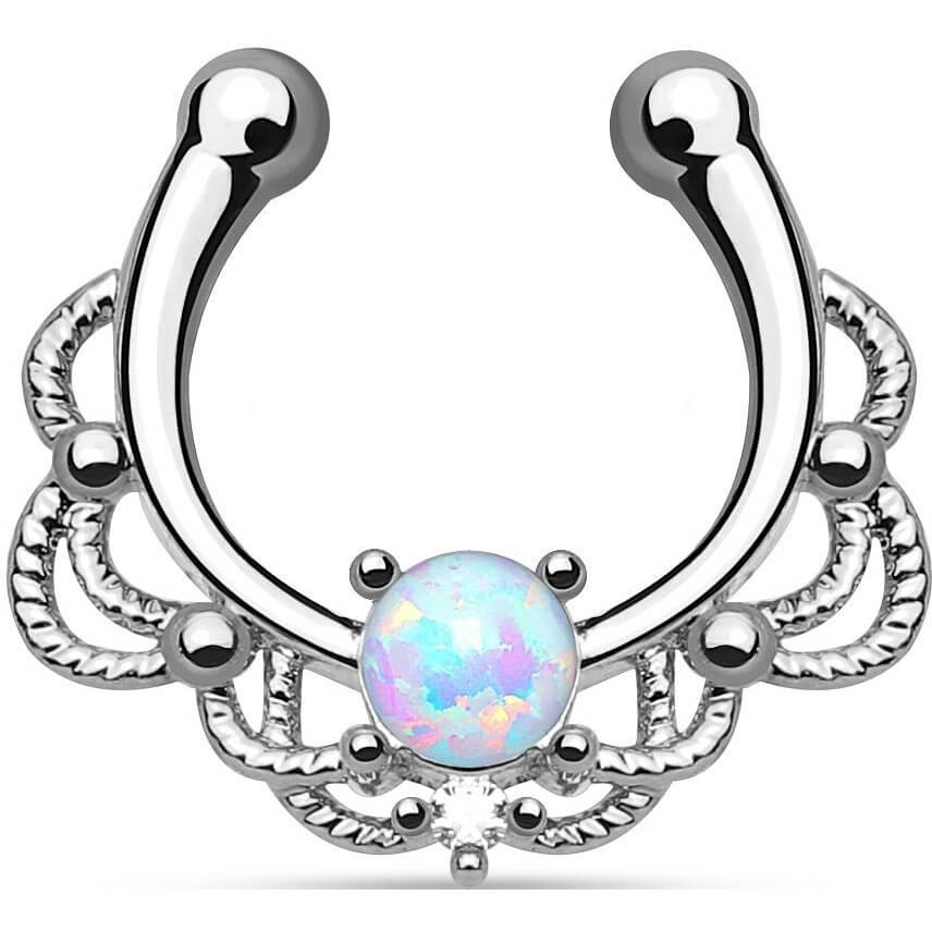 Faux Piercing au nez Septum Opale Ronde Argent Pliable