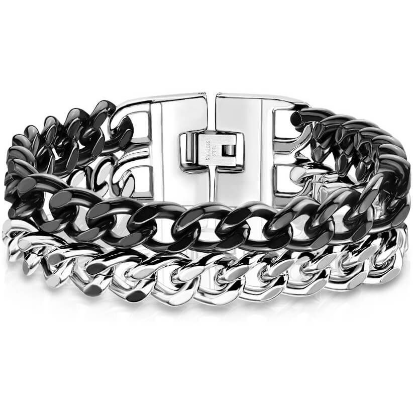 Bracelet Double Chaîne Noir Argent