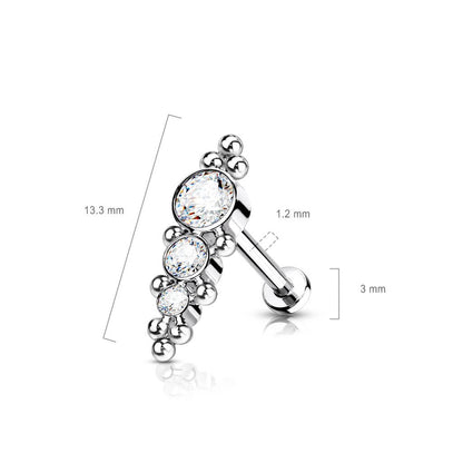 Titanio Labret 3 cilindri argento con zirconi Filettatura Interna