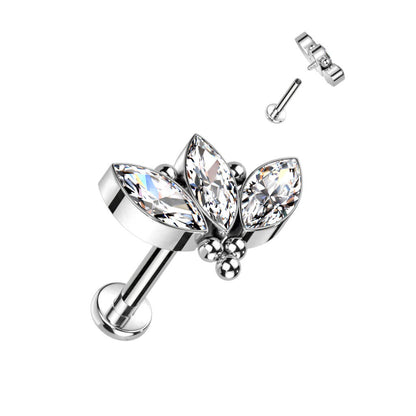 Titanium Labret Marquise Cut 3 Zirconia Silver Internally Threaded