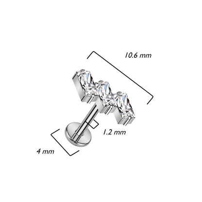 Titanio Labret Baguette di 3 zirconi Filettatura Interna