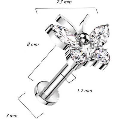 Titane Labret Papillon Zircone Filetage Interne