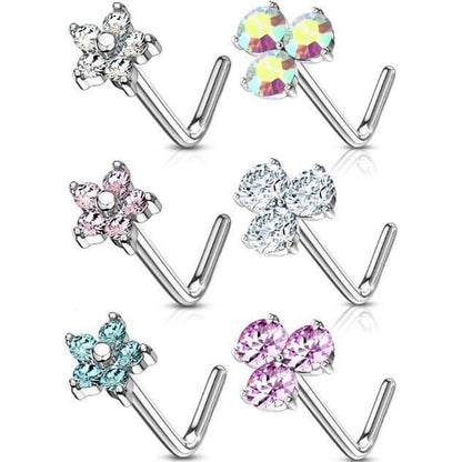 Nose L-Shape Flowers Zirconia Silver