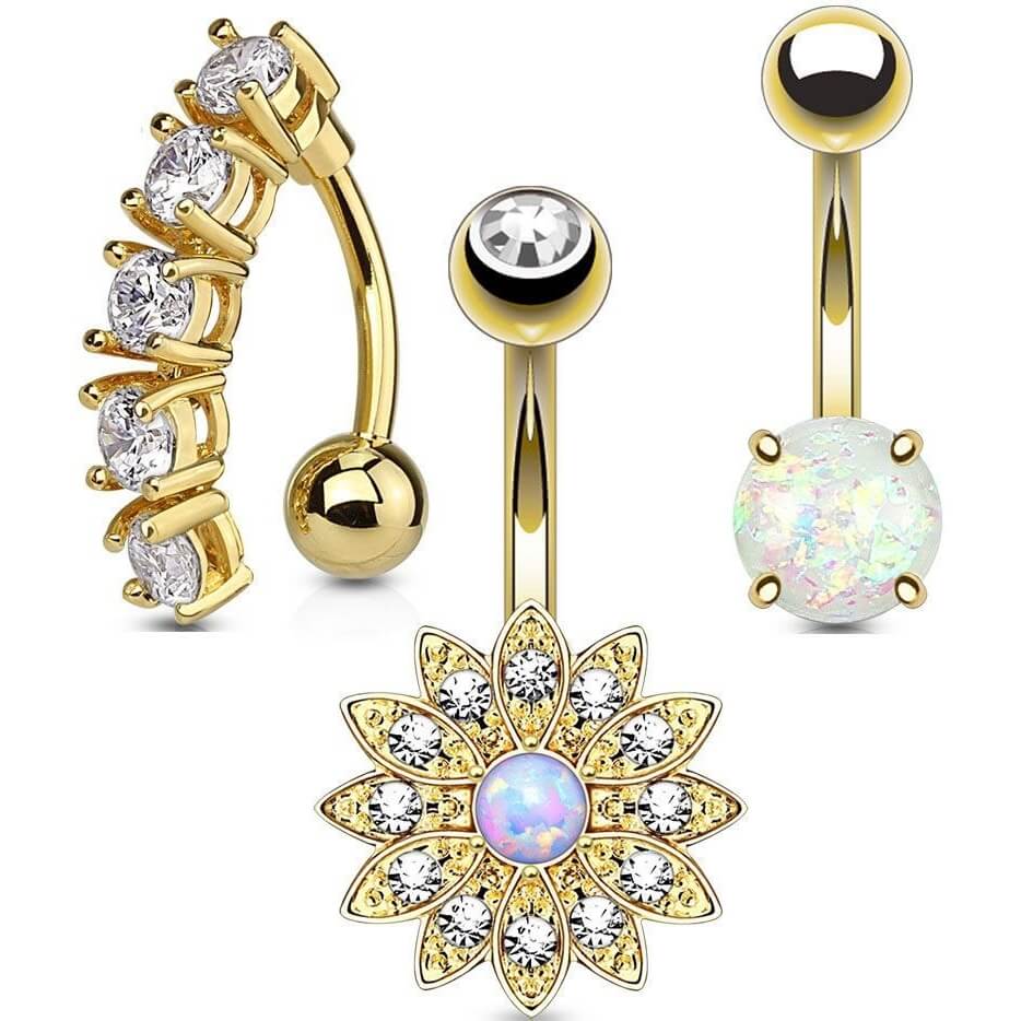 Belly Button Piercing Set Zirconia Opal Gold