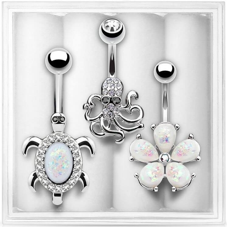 Belly Button Piercing Set Zirconia Opal Siber