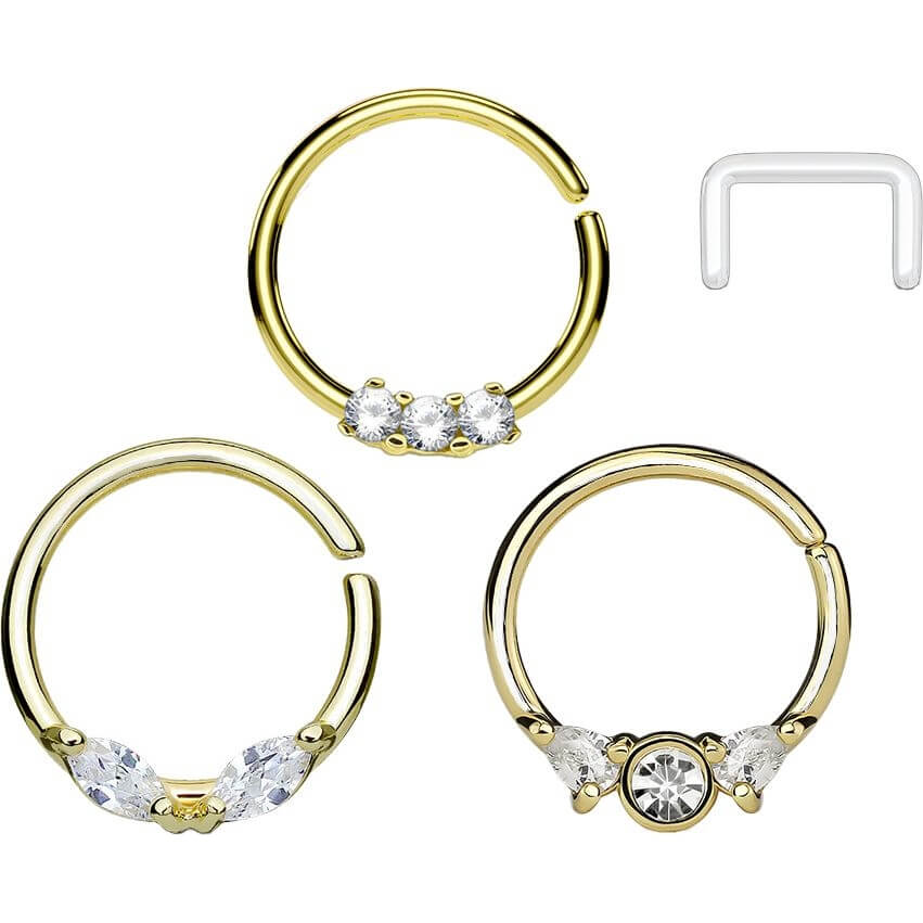 Septum Piercing Pack Anillos Circonita Oro y Retenedor Flexible