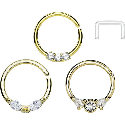 Septum Piercing Set Retainer Ring Zirconia Gold Bendable