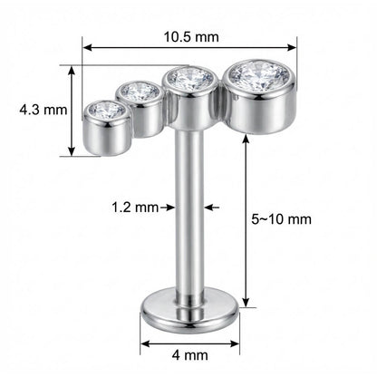 Titanium Labret Four Crystal Curved Arc Internally Threaded