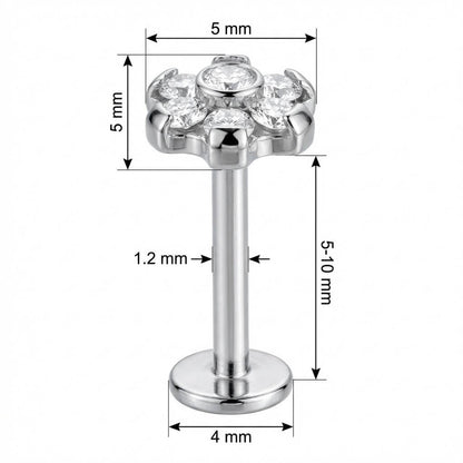 Titanium Labret Crystal Flower Cluster Top Internally Threaded
