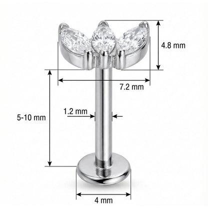 Titanium Labret Triple Marquise Crystal Fan Cluster Internally Threaded