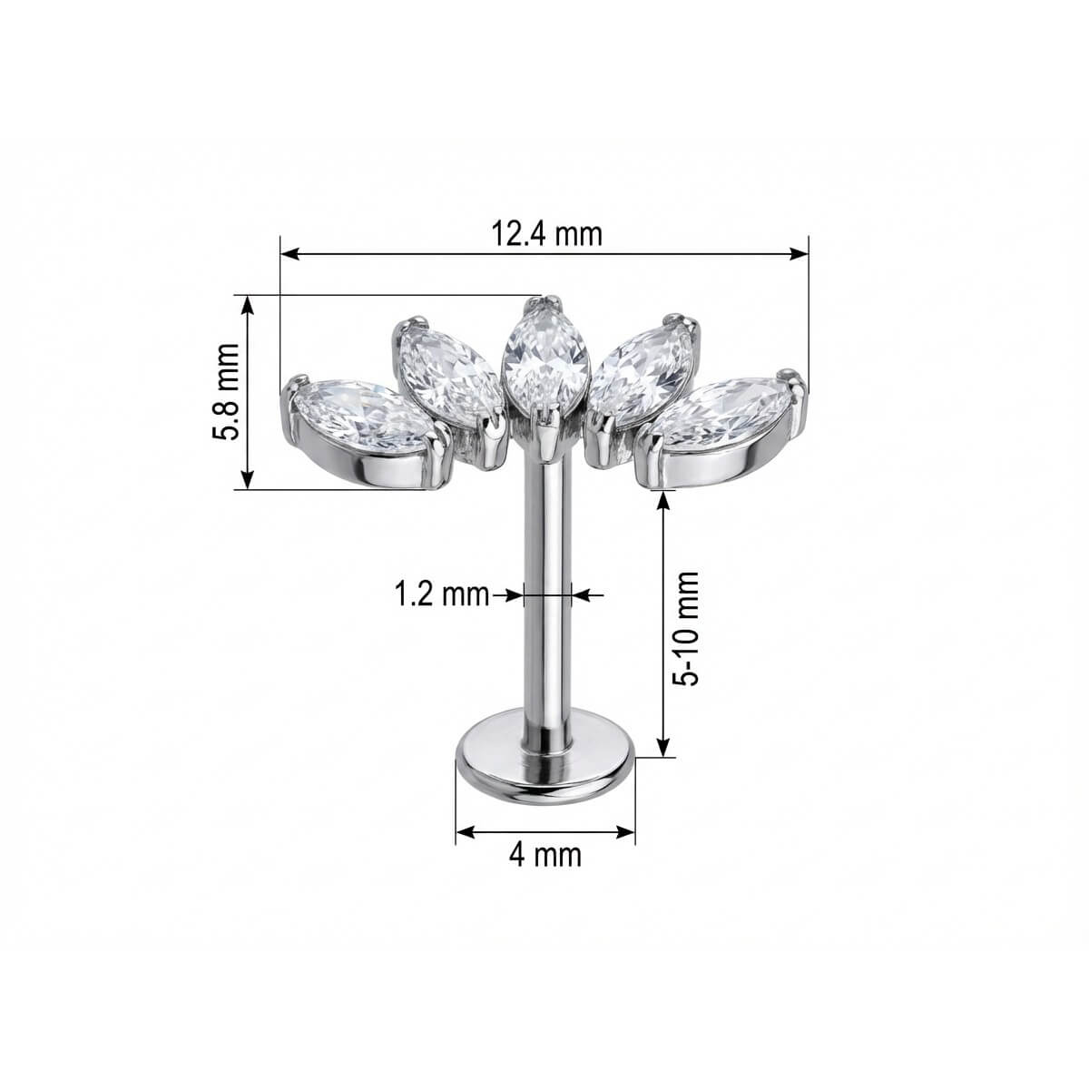 Titanium Labret Five Marquise Stone Curved Vine Internally Threaded
