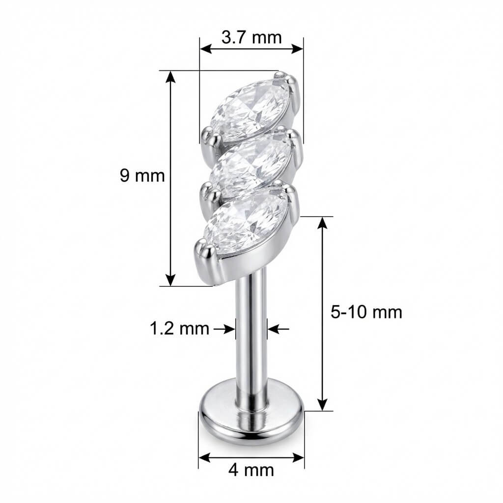 Titanium Labret Triple Marquise Crystal Leaf Curve Internally Threaded