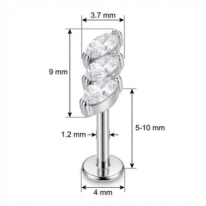 Titanium Labret Triple Marquise Crystal Leaf Curve Internally Threaded