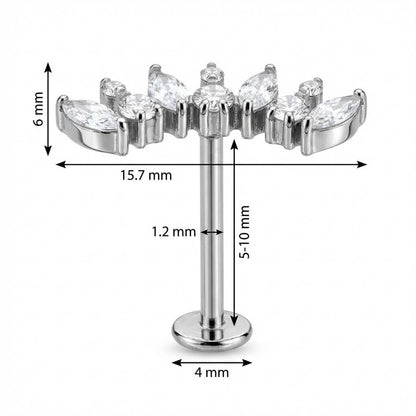 Titanium Labret Crystal Vine Arc Cluster Internally Threaded