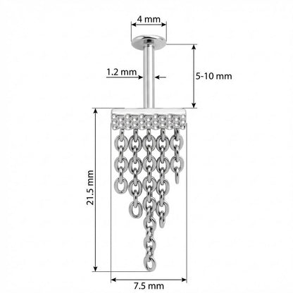 Titanium Labret Textured Bar With Cascading Chains Internally Threaded