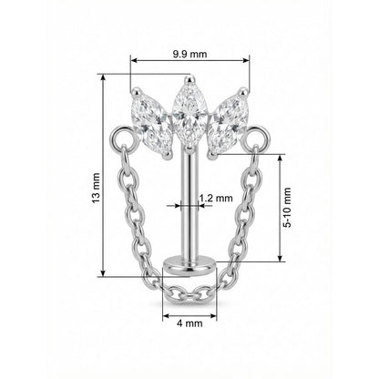 Titanium Labret Triple Marquise Cluster With Chain Internally Threaded