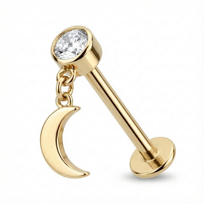Titanium Labret Bezel Crystal With Dangle Moon Internally Threaded