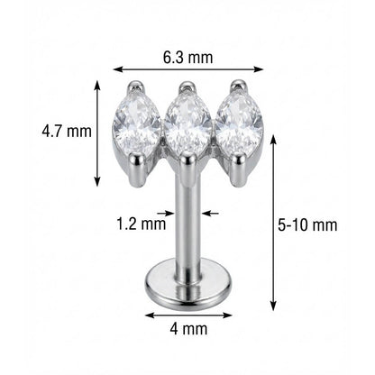 Titanium Labret Triple Marquise Crystal Cluster Internally Threaded