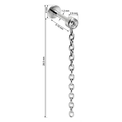 Titanium Labret Bezel Crystal With Dangle Chain Internally Threaded