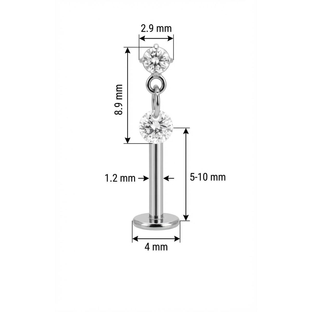 Titanium Labret Double Zirconia Drop Internally Threaded