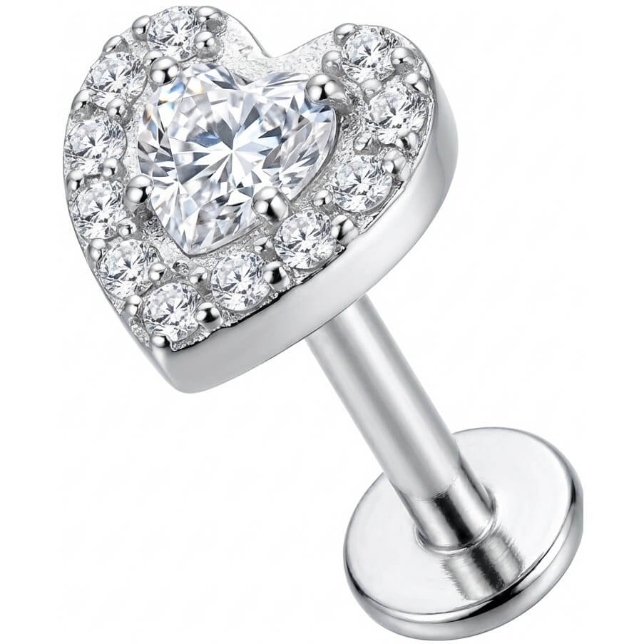 Titanium Labret Crystal Heart With Paved Halo Internally Threaded