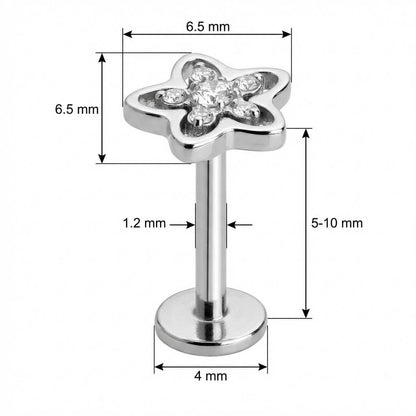 Titanium Labret Cutout Flower With Crystal Center Internally Threaded