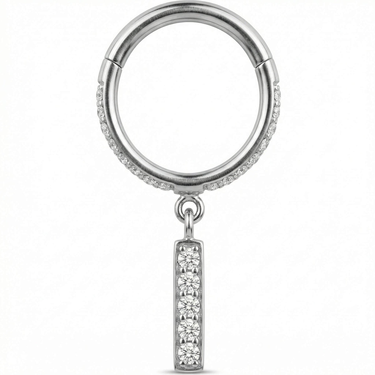 Titanium Ring Paved Dangling Bar Drop Clicker