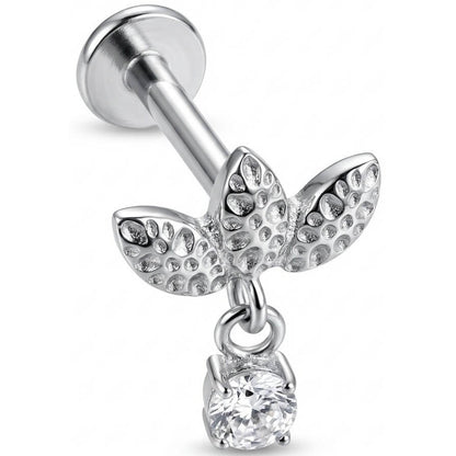 Titanium Labret Textured Leaves Crystal Dangle Internally Threaded