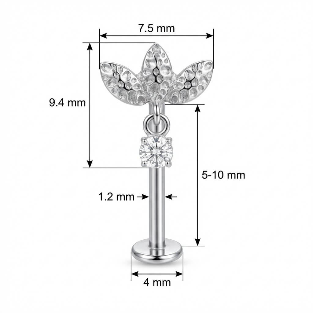 Titanium Labret Textured Leaves Crystal Dangle Internally Threaded