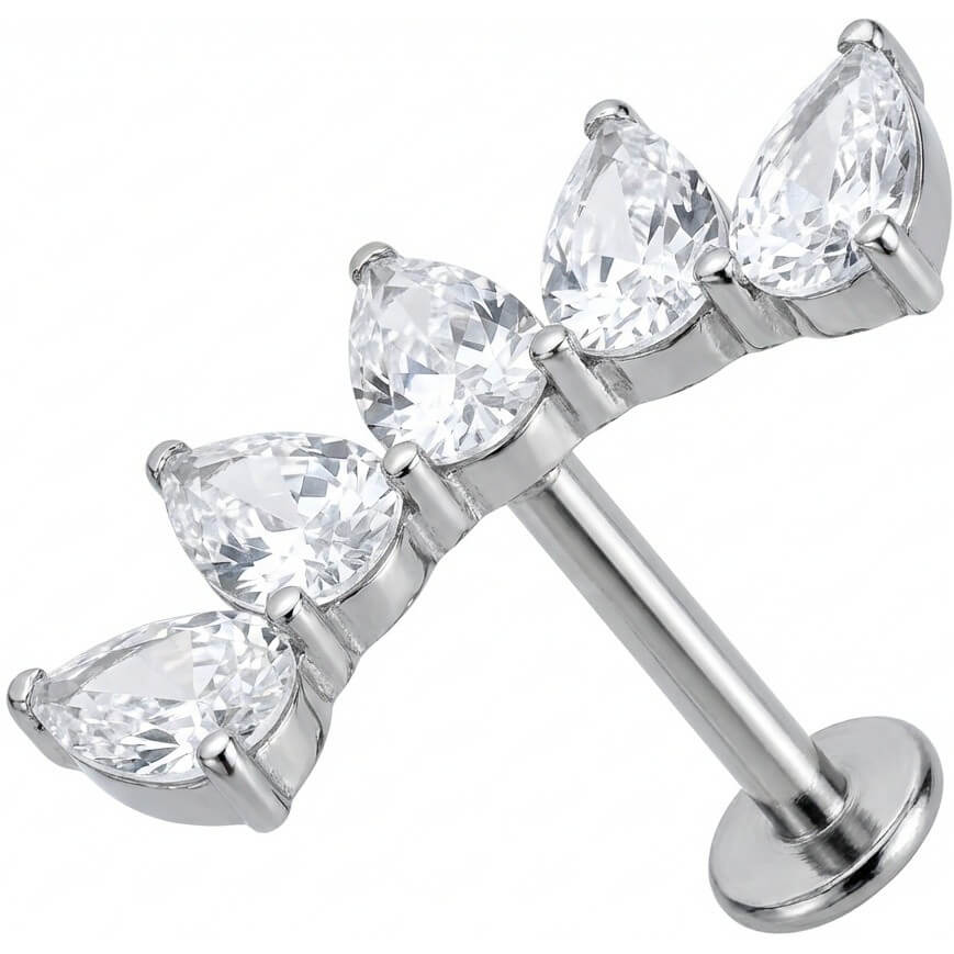 Titanium Labret Curved Five Teardrop Crystal Cluster Internally Threaded